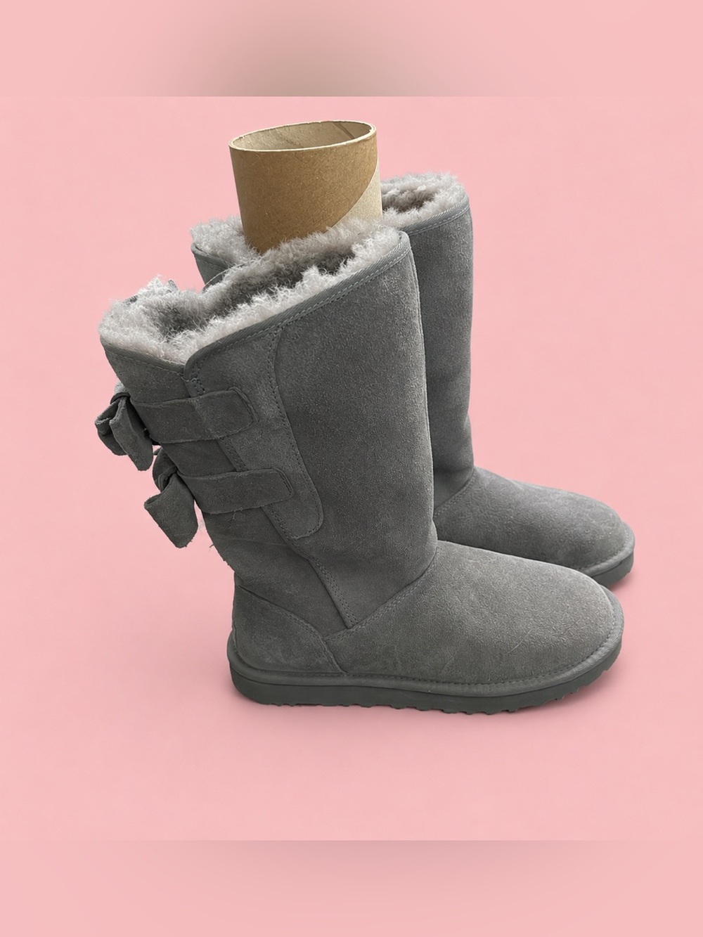 UGG Gray Winter Boots with Plush Lining and Bows